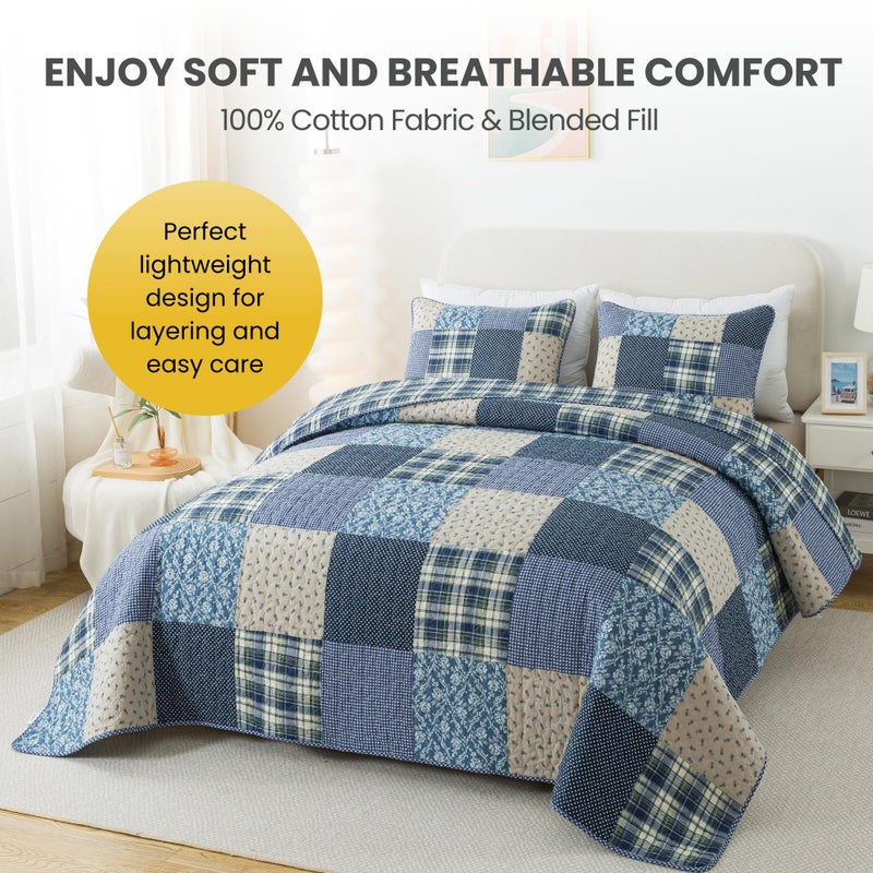 SLPR Blue Symphony Cotton Pieced Quilt Set - Twin with 1 Sham, Farmhouse Patchwork Quilted Bedspread with Check and Plaid Pattern, Lightweight and Cozy Country Checkered Bedding - Image 3